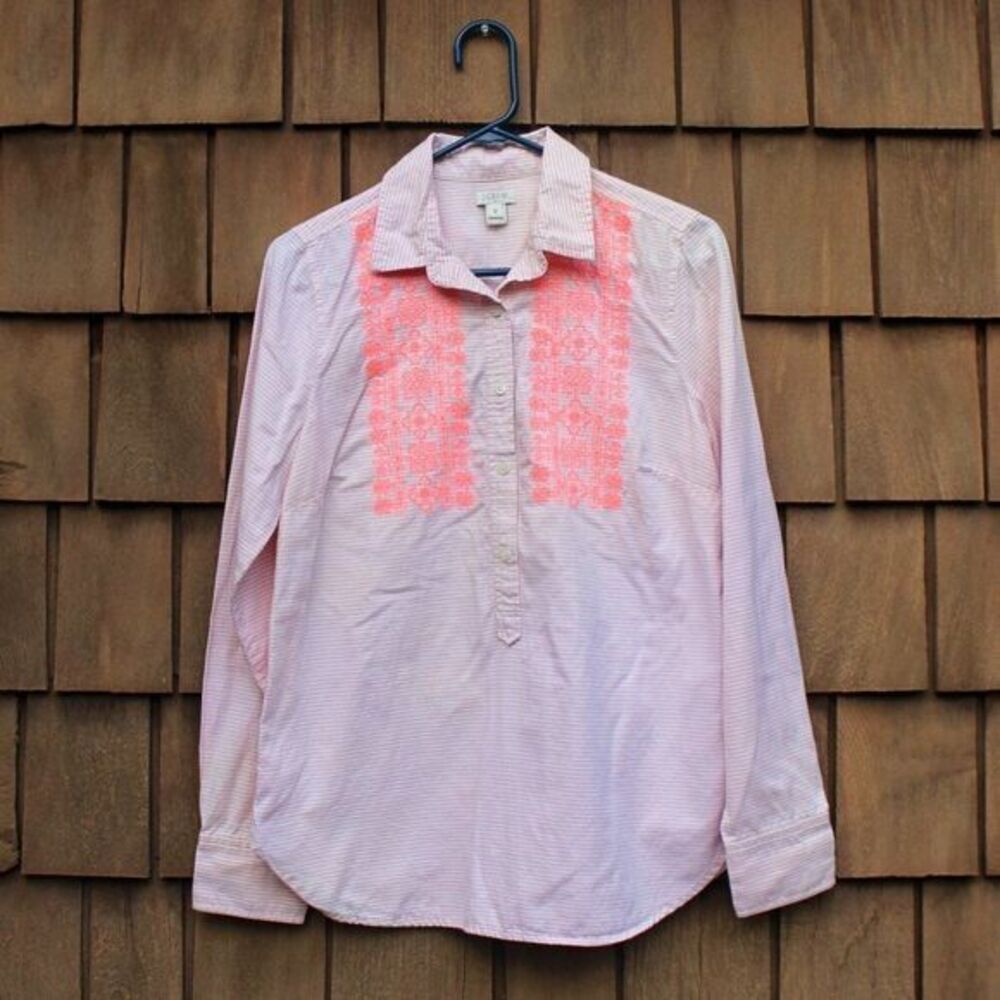 J. Crew Neon Pink White Striped‎ Embroidered Buttoned Long Sleeve Tunic Shirt - Picture 6 of 7
